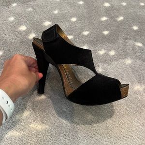 Pedro Garcia black suede sandals with cork sole.